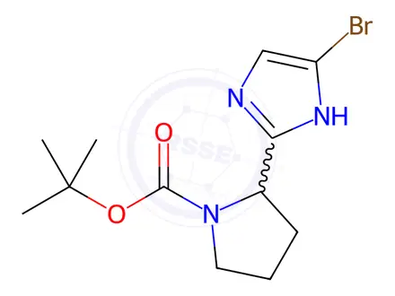 Chemical structure of 1-Pyrrolidinecarboxylic acid, 2-(5-bromo-1H-imidazol-2-yl)-, 1,1-dimethylethyl ester