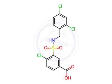 Chemical structure of 4-chloro-3-{[(2,4-dichlorobenzyl)amino]sulfonyl}benzoic acid