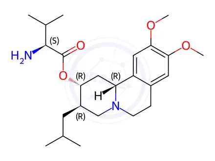 Chemical structure of (2R,3R,11bR)-3-Isobutyl-9,10-dimethoxy-1,3,4,6,7,11b-hexahydro-2H-pyrido[2,1-a]isoquinolin-2-yl L-valinate dihydrochloride