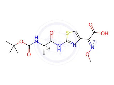 Chemical structure of (S,Z)-2-(2-(2-((tert-Butoxycarbonyl)amino)propanamido)thiazol-4-yl)-2-(methoxyimino)acetic acid