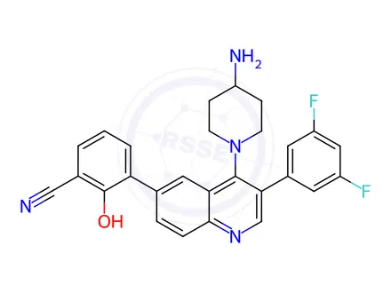 Chemical structure of Benzonitrile, 3-[4-(4-amino-1-piperidinyl)-3-(3,5-difluorophenyl)-6-quinolinyl]-2-hydroxy-, hydrochloride (1:2)