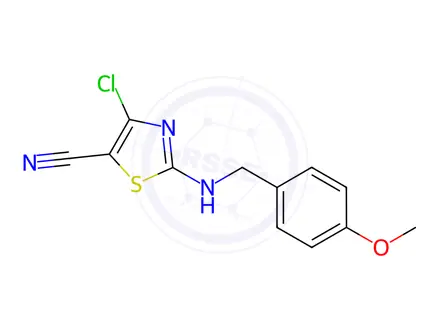 Chemical structure of 4-Chloro-2-{[(4-methoxyphenyl)methyl]amino}-1,3-thiazole-5-carbonitrile