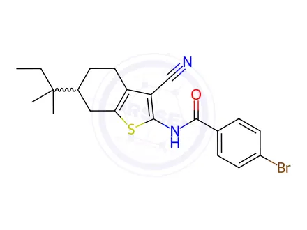 Chemical structure of 4-Bromo-N-(3-cyano-6-(tert-pentyl)-4,5,6,7-tetrahydrobenzo[b]thiophen-2-yl)benzamide