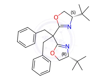 Chemical structure of Oxazole, 2,2'-[2-phenyl-1-(phenylmethyl)ethylidene]bis[4-(1,1-dimethylethyl)-4,5-dihydro-, (4R,4'S)-