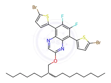 Chemical structure of Quinoxaline, 5,8-bis(5-bromo-2-thienyl)-6,7-difluoro-2-[(2-hexyldecyl)oxy]-