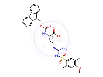 Chemical structure of Butanoic acid, 2-[[(9H-fluoren-9-ylmethoxy)carbonyl]amino]-4-[[imino[[(4-methoxy-2,3,6-trimethylphenyl)sulfonyl]amino]methyl]amino]-, (2S)-