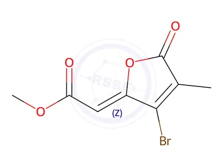 Chemical structure of Acetic acid, 2-(3-bromo-4-methyl-5-oxo-2(5H)-furanylidene)-, methyl ester, (2Z)-