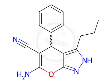 Chemical structure of 6-amino-4-phenyl-3-propyl-2,4-dihydropyrano[2,3-c]pyrazole-5-carbonitrile