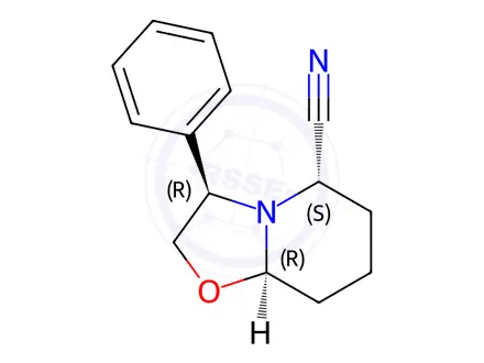 Chemical structure of (3R,5S,8aR)-3-Phenylhexahydro-5H-[1,3]oxazolo[3,2-a]pyridine-5-carbonitrile