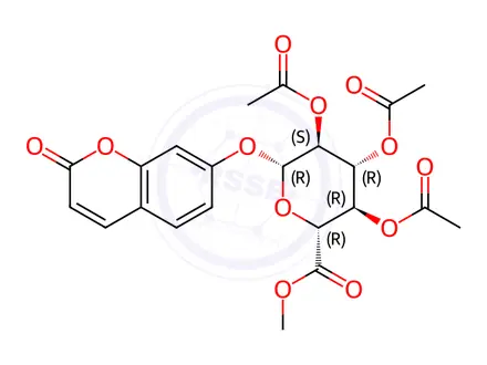 Chemical structure of 7-Hydroxy Coumarin 2,3,4-Tri-O-acetyl-Beta-D-glucuronide Methyl Ester