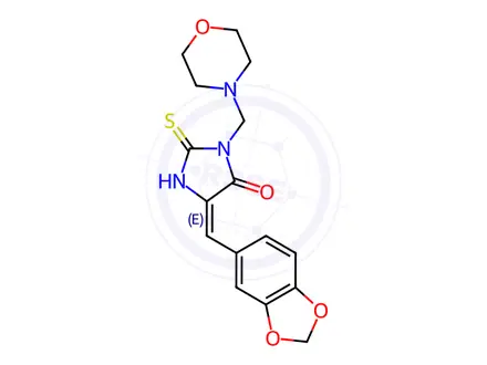 Chemical structure of (5E)-5-[(2H-1,3-Benzodioxol-5-yl)methylidene]-3-[(morpholin-4-yl)methyl]-2-sulfanylideneimidazolidin-4-one