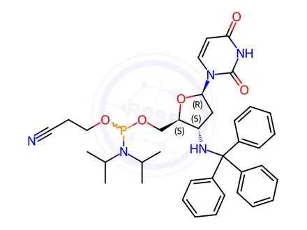 Chemical structure of Uridine, 2',3'-dideoxy-3'-[(triphenylmethyl)amino]-, 5'-[2-cyanoethyl bis(1-methylethyl)phosphoramidite] (9CI)