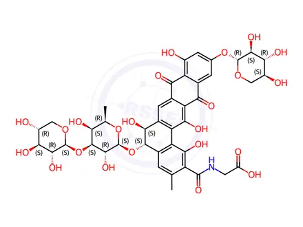 Chemical structure of Glycine, N-[[(5S,6S)-5-[(6-deoxy-3-O-β-D-xylopyranosyl-β-D-galactopyranosyl)oxy]-5,6,8,13-tetrahydro-1,6,9,14-tetrahydroxy-3-methyl-8,13-dioxo-11-(β-D-xylopyranosyloxy)benzo[a]naphthacen-2-yl]carbonyl]-(9CI)