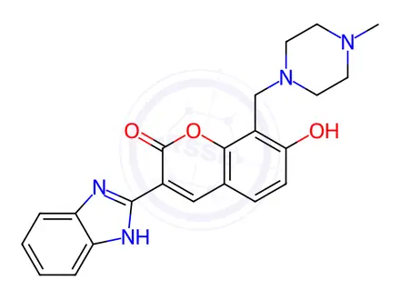 Chemical structure of 3-(1H-benzo[d]imidazol-2-yl)-7-hydroxy-8-((4-methylpiperazin-1-yl)methyl)-2H-chromen-2-one
