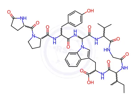 Chemical structure of L-Tryptophan, L-valylglycyl-L-isoleucyl-1-[carboxy[(5-oxo-L-prolyl-L-prolyl-L-tyrosyl)amino]methyl]-, (4→1)-lactam