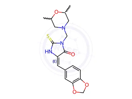 Chemical structure of (5E)-5-[(2H-1,3-Benzodioxol-5-yl)methylidene]-3-[(2,6-dimethylmorpholin-4-yl)methyl]-2-sulfanylideneimidazolidin-4-one