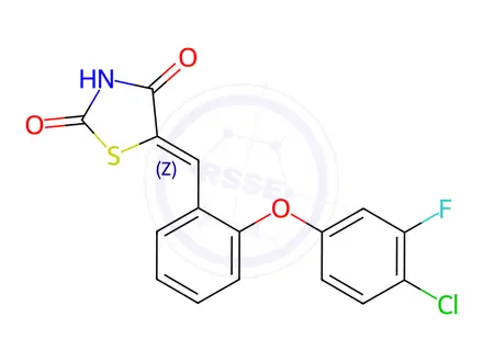 Chemical structure of (5Z)-5-{[2-(4-chloro-3-fluorophenoxy)phenyl]methylidene}-1,3-thiazolidine-2,4-dione