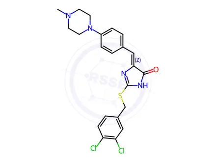 Chemical structure of (4Z)-2-{[(3,4-dichlorophenyl)methyl]sulfanyl}-4-{[4-(4-methylpiperazin-1-yl)phenyl]methylidene}-4,5-dihydro-1H-imidazol-5-one