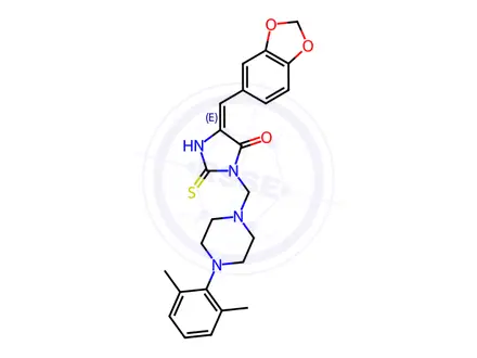 Chemical structure of (5E)-5-[(2H-1,3-Benzodioxol-5-yl)methylidene]-3-{[4-(2,6-dimethylphenyl)piperazin-1-yl]methyl}-2-sulfanylideneimidazolidin-4-one