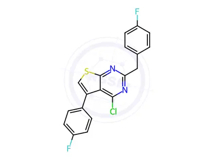 Chemical structure of 4-Chloro-5-(4-fluorophenyl)-2-[(4-fluorophenyl)methyl]thieno[2,3-d]pyrimidine