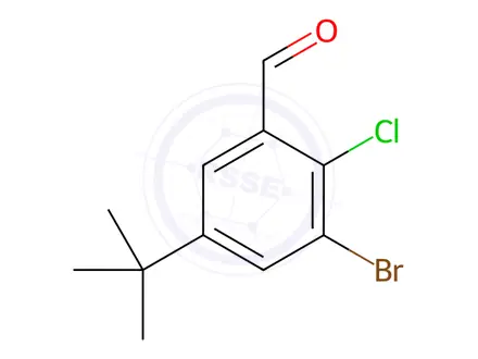 Chemical structure of Benzaldehyde, 3-bromo-2-chloro-5-(1,1-dimethylethyl)-