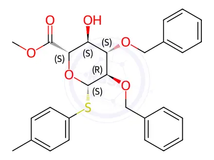 Chemical structure of 4-Methylphenyl 2,3-bis-O-(phenylmethyl)-1-thio-beta-D-glucopyranosiduronic acid methyl ester