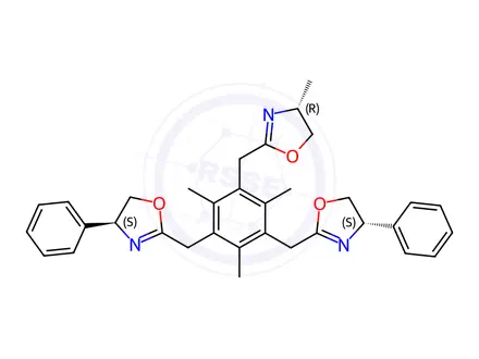 Chemical structure of (4R)-2-[[3,5-Bis[[(4S)-4,5-dihydro-4-phenyl-2-oxazolyl]methyl]-2,4,6-trimethylphenyl]methyl]-4,5-dihydro-4-methyloxazole
