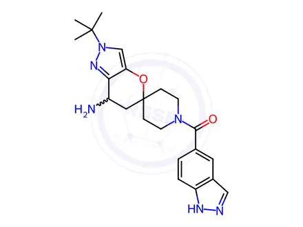 Chemical structure of Methanone, [7'-amino-2'-(1,1-dimethylethyl)-6',7'-dihydrospiro[piperidine-4,5'(2'H)-pyrano[3,2-c]pyrazol]-1-yl]-1H-indazol-5-yl-