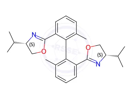 Chemical structure of Oxazole, 2,2′-[(1R)-6,6′-dimethyl[1,1′-biphenyl]-2,2′-diyl]bis[4,5-dihydro-4-(1-methylethyl)-, (4S,4′S)-