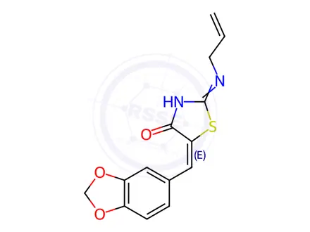 Chemical structure of (5E)-5-[(2H-1,3-Benzodioxol-5-yl)methylidene]-2-[(prop-2-en-1-yl)amino]-4,5-dihydro-1,3-thiazol-4-one