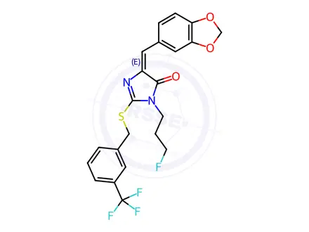Chemical structure of (4E)-4-[(2H-1,3-Benzodioxol-5-yl)methylidene]-1-(3-fluoropropyl)-2-({[3-(trifluoromethyl)phenyl]methyl}sulfanyl)-4,5-dihydro-1H-imidazol-5-one
