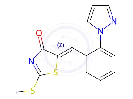 Chemical structure of (5Z)-2-(Methylsulfanyl)-5-{[2-(1H-pyrazol-1-yl)phenyl]methylidene}-4,5-dihydro-1,3-thiazol-4-one