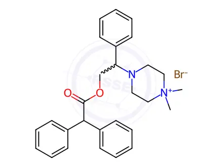 Chemical structure of Acetic acid, diphenyl-, beta-(4-methyl-1-piperazinyl)phenethyl ester, methobromide