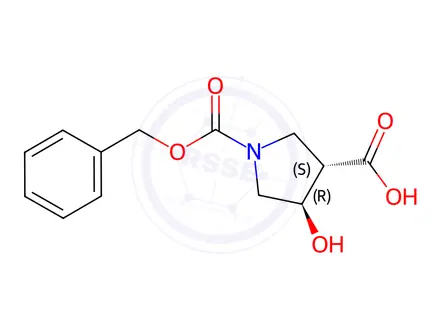 Chemical structure of (3S,4R)-1-((benzyloxy)carbonyl)-4-hydroxypyrrolidine-3-carboxylic acid