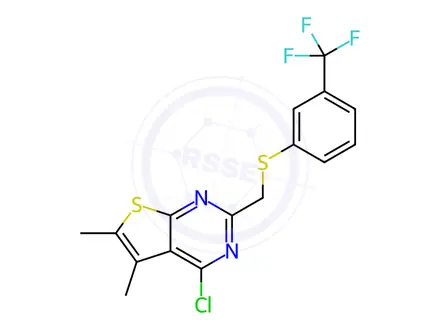 Chemical structure of 4-Chloro-5,6-dimethyl-2-(((3-(trifluoromethyl)phenyl)thio)methyl)thieno[2,3-d]pyrimidine