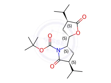 Chemical structure of (3S,5S)-tert-Butyl 3-isopropyl-5-((2S,4S)-4-isopropyl-5-oxotetrahydrofuran-2-yl)-2-oxopyrrolidine-1-carboxylate
