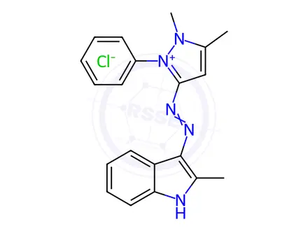 Chemical structure of 2,3-dimethyl-5-[(2-methyl-1H-indol-3-yl)azo]-1-phenyl-1H-pyrazolium chloride