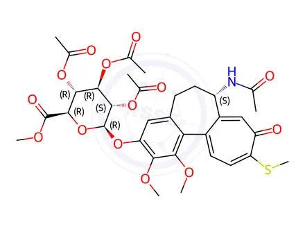 Chemical structure of 3-Demethyl Thiocolchicine 2-O-(2,3,4-Tri-O-acetyl-β-D-glucuronide Methyl Ester)