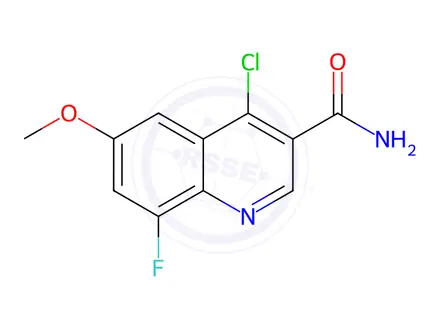 Chemical structure of 4-Chloro-8-fluoro-6-methoxyquinoline-3-carboxamide