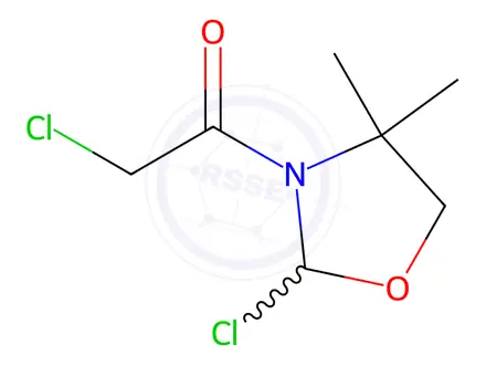 Chemical structure of Oxazolidine, 2-chloro-3-(chloroacetyl)-4,4-dimethyl-(9CI)