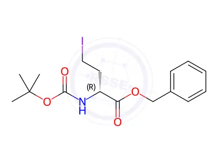 Chemical structure of Butanoic acid, 2-[[(1,1-dimethylethoxy)carbonyl]amino]-4-iodo-, phenylmethyl ester, (2R)-