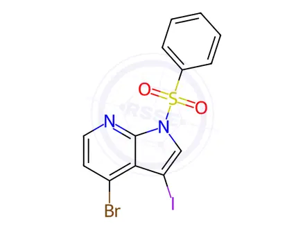 Chemical structure of 4-bromo-3-iodo-1-(phenylsulfonyl)-1H-pyrrolo[2,3-b]pyridine
