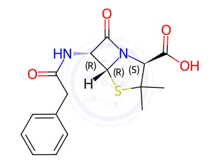 Chemical structure of [2S-(2Α,5Α,6Β)]-3,3-DIMETHYL-7-OXO-6-[(PHENYLACETYL)AMINO]-4-THIA-1-AZABICYCLO[3.2.0]HEPTANE-2-CARBO