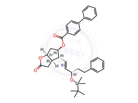 Chemical structure of (3AR,4R,5R,6aS)-4-((S,E)-3-((tert-Butyldimethylsilyl)oxy)-5-phenylpent-1-en-1-yl)-2-oxohexahydro-2H-cyclopenta[b]furan-5-yl [1,1'-biphenyl]-4-carboxylate