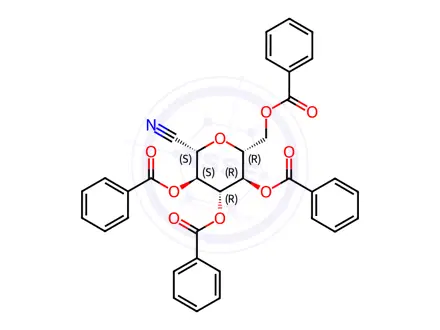Chemical structure of 2,3,4,6-Tetra-O-benzoyl-b-D-glucopyranosyl cyanide