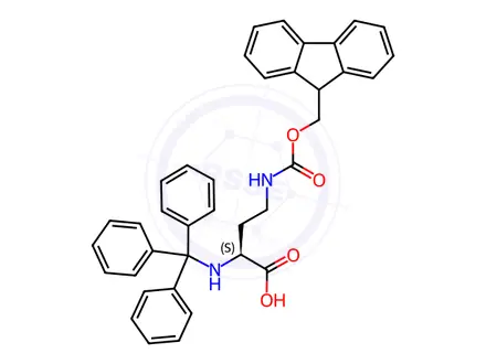 Chemical structure of Butanoic acid, 4-[[(9H-fluoren-9-ylmethoxy)carbonyl]amino]-2-[(triphenylmethyl)amino]-, (2S)-