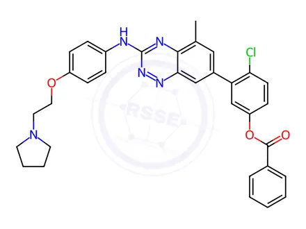 Chemical structure of 4-Chloro-3-(5-methyl-3-((4-(2-(pyrrolidin-1-yl)ethoxy)phenyl)-amino)benzo[e][1,2,4]triazin-7-yl)phenyl benzoate