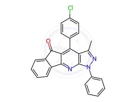 Chemical structure of 4-(4-Chlorophenyl)-3-methyl-1-phenylindeno[1,2-b]pyrazolo[4,3-e]pyridin-5(1H)-one