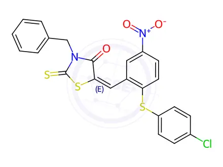 Chemical structure of (5E)-3-Benzyl-5-({2-[(4-chlorophenyl)sulfanyl]-5-nitrophenyl}methylidene)-2-sulfanylidene-1,3-thiazolidin-4-one