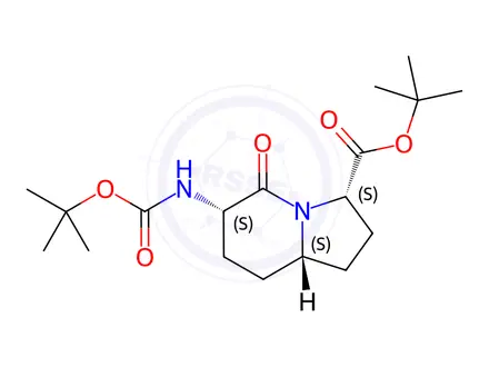 Chemical structure of 3-Indolizinecarboxylic acid, 6-[[(1,1-dimethylethoxy)carbonyl]amino]octahydro-5-oxo-, 1,1-dimethylethyl ester, (3S,6S,8aS)-